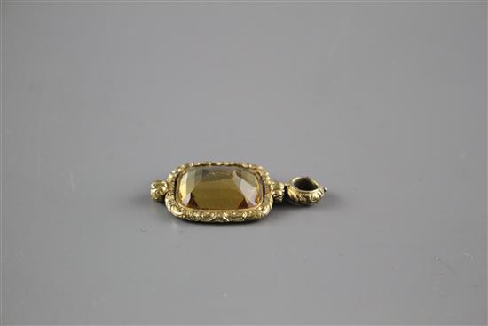 A Victorian yellow metal overlaid citrine fob pendant, overall 46mm,